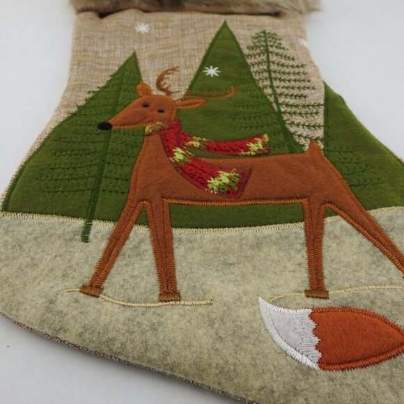 New Christmas Stocking Woodsy Deer Fox Faux Fur Tan Rustic 18" - Picture 3 of 5